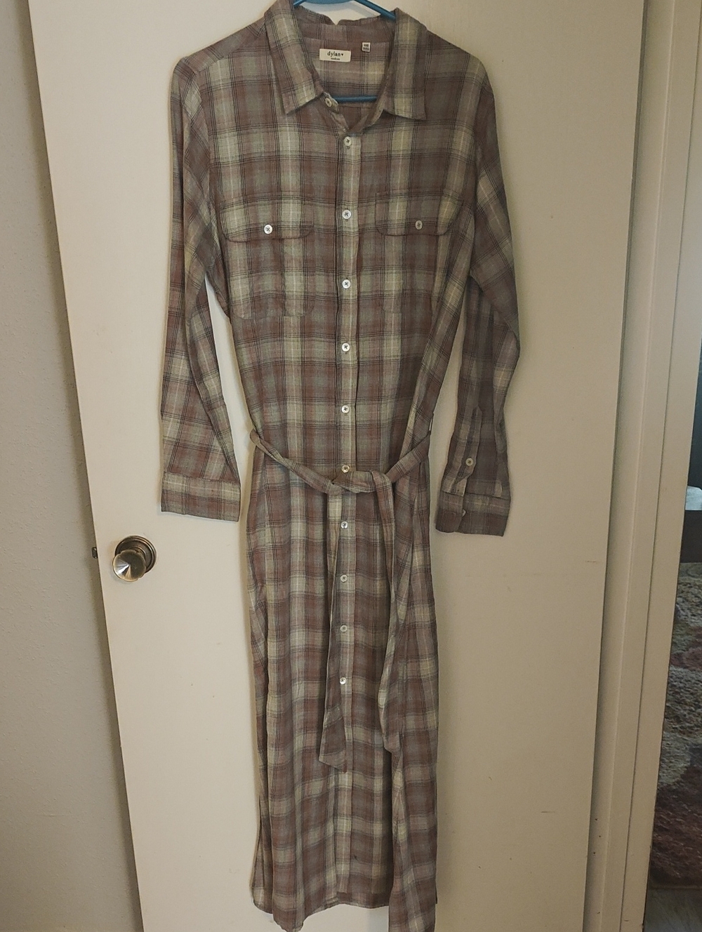 dylan Plaid Long-Sleeve Button Shirt Dress in Sage and Taupe